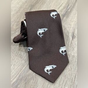 Embroidered Woven Shark Pattern Tie Burkhardt’s Cincinnati OH Designer Brown EUC